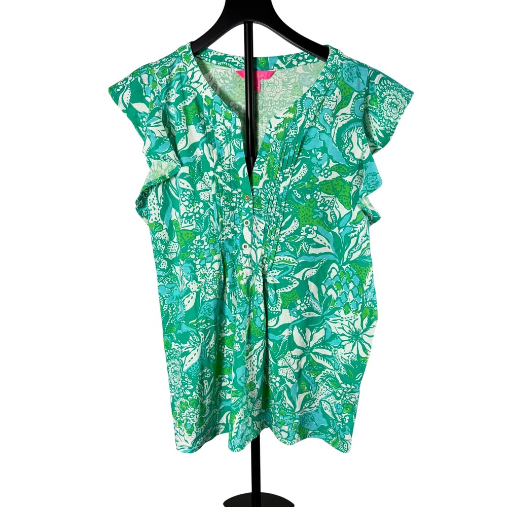 Lilly Pulitzer Etta V-Neck Top Green Blue Floral Ruffle Sleeve Cotton Large